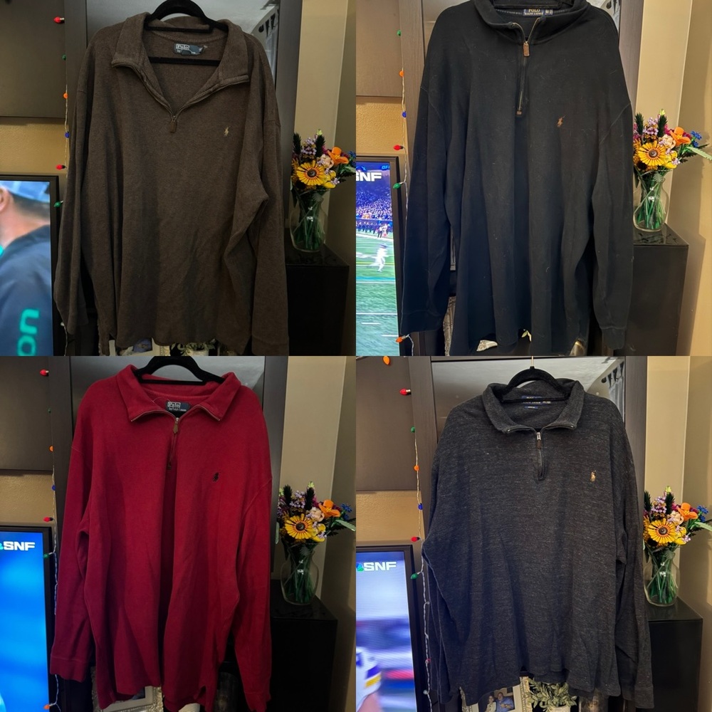 LOT 4 Men’s Ralph Lauren Quarter Zip Pullovers (gray, red, black, brown) 3XLT